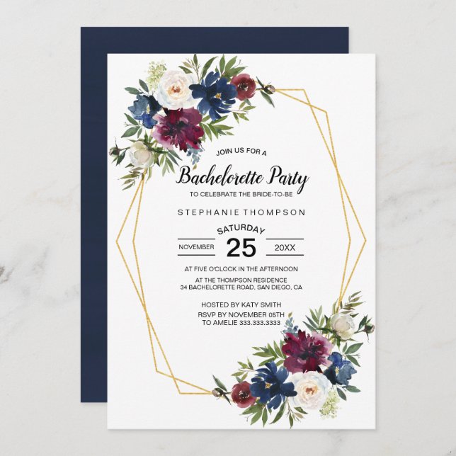 Convite Flores do Marinho Geométrico Borgonha Bachelorette (Frente/Verso)