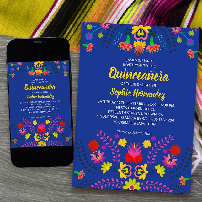 Convite Flores do Partido Fiesta Mexicano Blue Quinceanera (Quinceanera Invitation from my Mexican Fiesta Party collection - order printed or printable download)