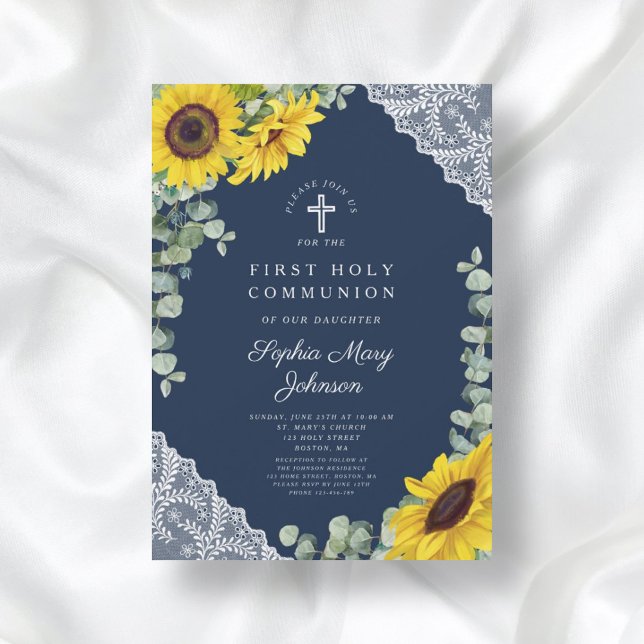 Convite Flores do Sol Azuis Elegantes Primeira Comunhão Sa (Elegant Blue Sunflowers First Holy Communion Invitation)