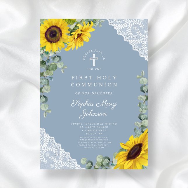 Convite Flores do Sol Azuis Elegantes Primeira Comunhão Sa (Elegant Blue Sunflowers First Holy Communion Invitation)