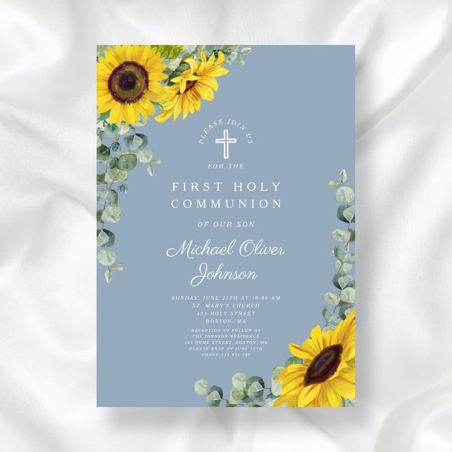 Convite Flores do Sol Azuis Moderno Primeira Comunhão Sagr (Modern Blue Sunflowers First Holy Communion Invitation)
