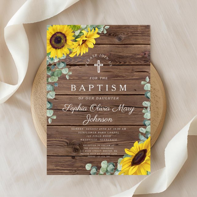 Convite Flores do Sol Elegantes Cruzam Batismo (Elegant Sunflowers Cross Baptism Invitation)