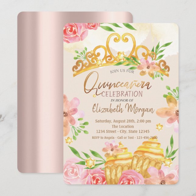 Convite Flores,Doces,Rosa Dourada Quinceañera (Frente/Verso)