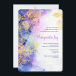 Convite Flores Douradas Aquarela Azul<br><div class="desc">Um convite elegante em aquarela em tons de azul e lavanda com uma sobreposição de flores douradas. Apresentado como um convite de Quinceañera, é perfeito para aniversários de Sweet 16 ou qualquer outra celebração formal. (Vector criado por pikisuperstar - www.freepik.com). O cartão é fácil de personalizar com sua redação, fonte,...</div>