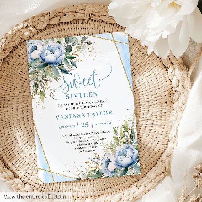 Convite Flores Douradas Azuis Azuis  Brilhantes Doce 16 (Glitter Dusty Blue White Gold Flowers Sweet 16 Invitation)