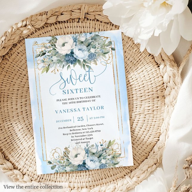 Convite Flores Douradas Azuis Azuis , Fairytale Doce 16 (Fairytale Dusty Blue White Gold Flowers Sweet 16 Invitation)