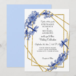 Convite Flores Douradas Azuis Chinesas Aquarela