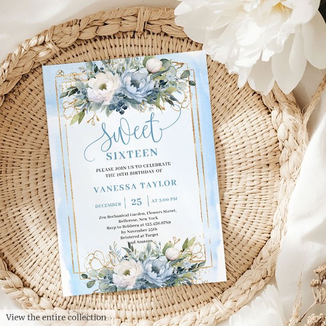 Convite Flores Douradas, Azuis, Luxuosas, Azuis, Brancas D (Luxurious Dusty Blue White Gold Flowers Sweet 16 Invitation)