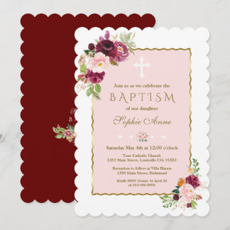 Convite Flores Douradas Baptism Luxury Pink Burgundy Saffr