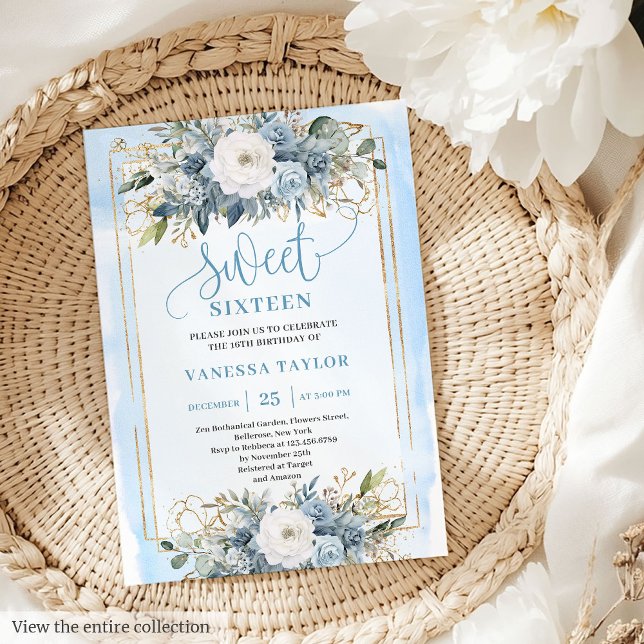 Convite Flores Douradas, bonito, Azuis, Azuis, Doçosas 16 (Pretty Dusty Blue White Gold Flowers Sweet 16 Invitation)