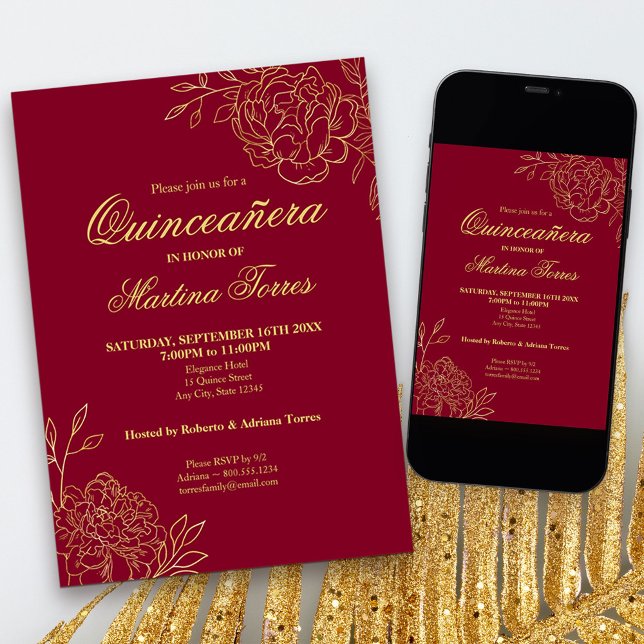 Convite Flores Douradas Burgundy Quinceanera Floral (Red and Gold Quinceanera Invitation, from my Gold Sketched Floral collection
)