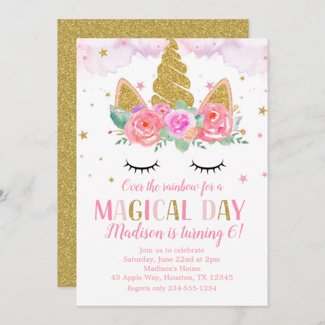 Convite Flores Douradas da Festa de aniversário Unicorn (Frente/Verso)