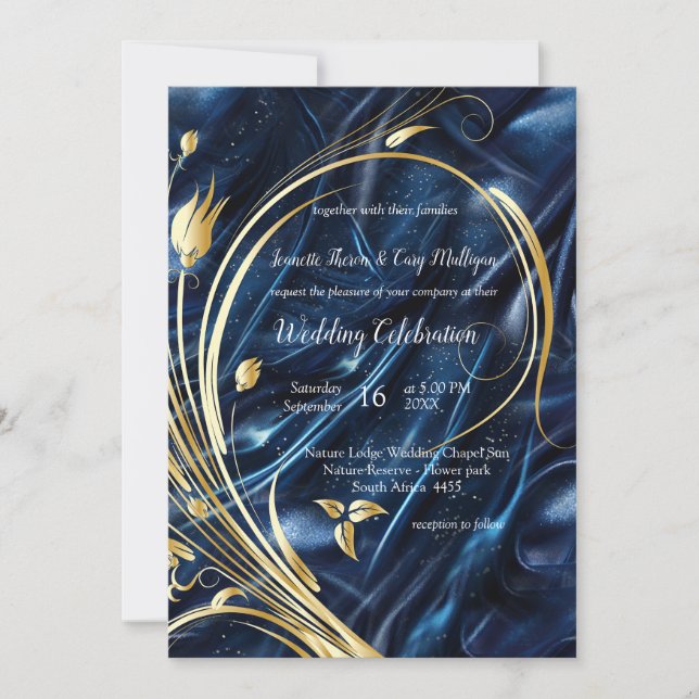 Convite Flores Douradas de abstrato na Seda Azul Simmery (Frente)
