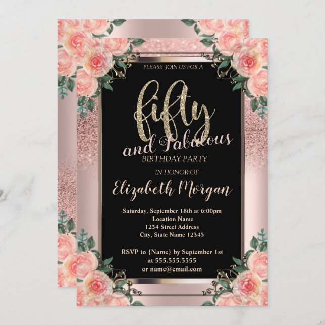 Convite Flores Douradas de Rosa quic 50.a Festa de anivers (Frente/Verso)