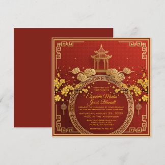 Convite Flores Douradas e Casamento Vermelho Chinês Pagoda