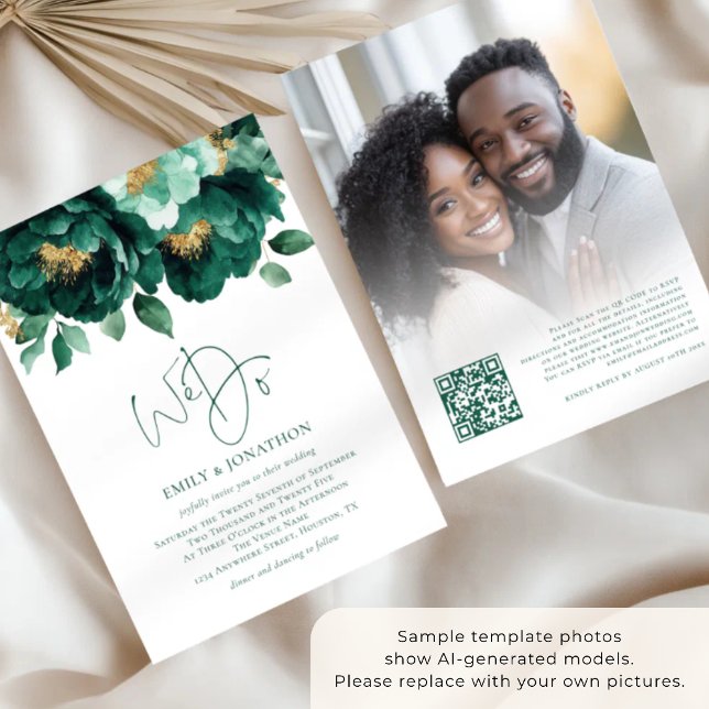 Convite Flores Douradas Esmeralda Foto Código QR Casamento (Criador carregado)
