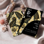 Convite Flores Douradas Negras  de Casamento de Arte Moder<br><div class="desc">Este Convite para Flores Douradas Pretas de Arte Moderna de Casamento de Arte Preta apresenta uma paleta a preto e dourado luxuosa com tipografia a preto e branco e sotaques botânicos tropicais. Perfeito para eventos noturnos, este convite personalizável dá o tom para uma celebração chic misturando curvas geométricas lisas com...</div>