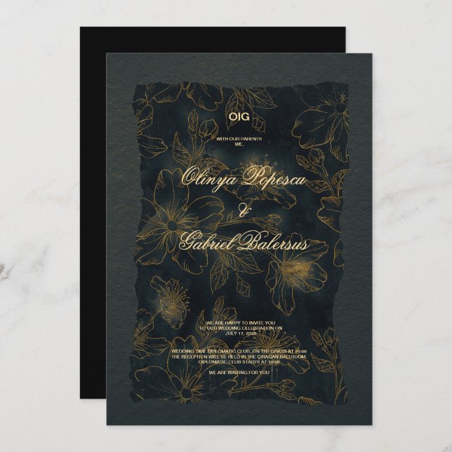 Convite Flores Douradas negras, Papel texturizado com aqua (Frente/Verso)