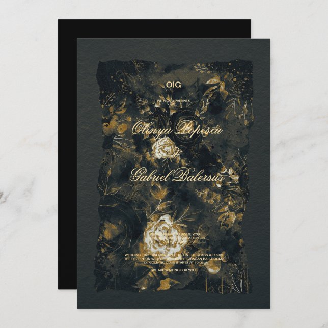 Convite Flores Douradas negras, Papel texturizado com aqua (Frente/Verso)