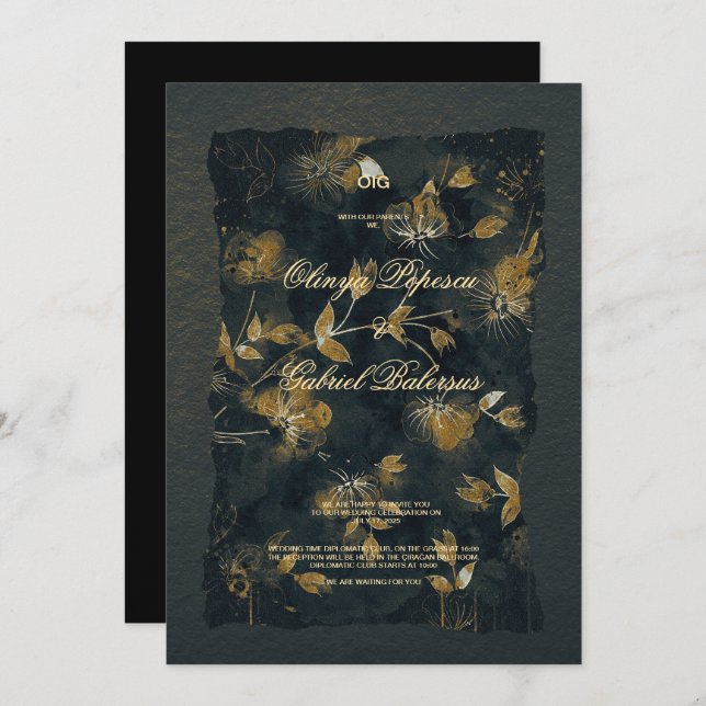 Convite Flores Douradas negras, Papel texturizado com aqua (Frente/Verso)