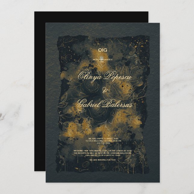 Convite Flores Douradas negras, Papel texturizado com aqua (Frente/Verso)
