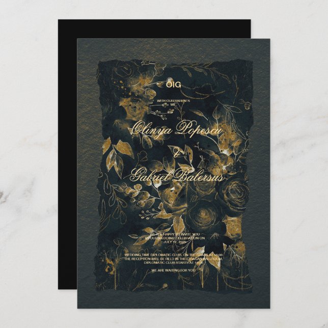 Convite Flores Douradas negras, Papel texturizado com aqua (Frente/Verso)