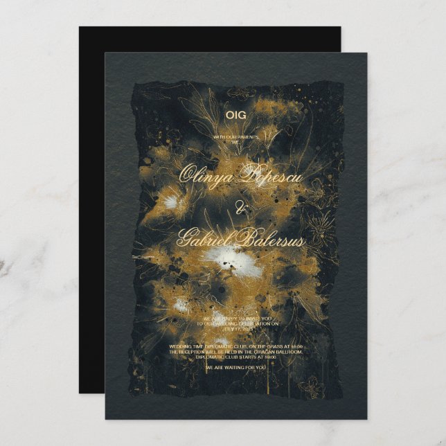 Convite Flores Douradas negras, Papel texturizado com aqua (Frente/Verso)