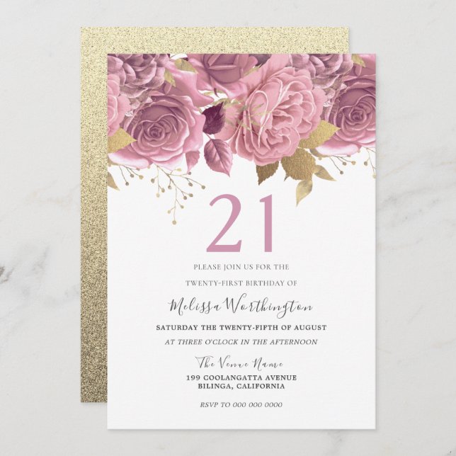 Convite Flores Douradas, Rosa, Brilhantes, Festas aniversá (Frente/Verso)