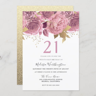 Convite Flores Douradas, Rosa, Brilhantes, Festas aniversá