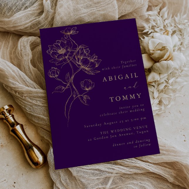 Convite Flores Douradas Roxas Casamento Moderno (Criador carregado)