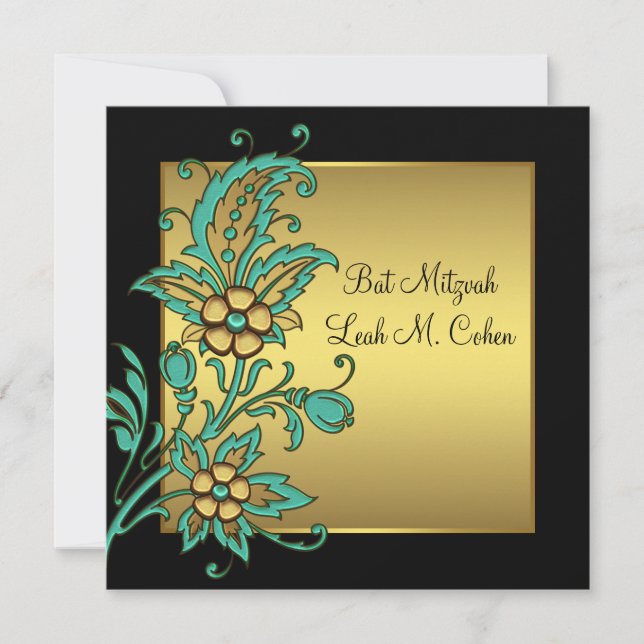 Convite Flores Douradas Turquesa Bat Mitzvah Preto Dourado (Frente)