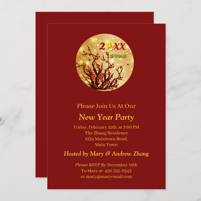 Convite Flores Douradas Vermelhas Felizes Chineses Ano Nov (Frente/Verso)