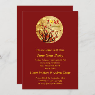 Convite Flores Douradas Vermelhas Felizes Chineses Ano Nov