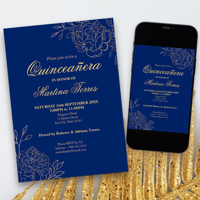 Convite Flores Douradas Vermelhos Voos Florais Quinceanera (Royal Blue and Gold Quinceanera Invitation, from my Gold Sketched Floral collection
)