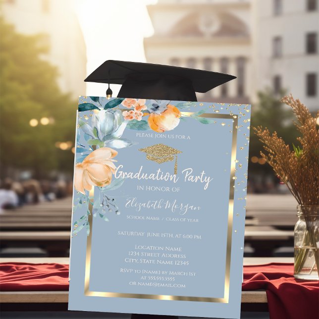 Convite Flores Dourado Grad Cap Azul Poeira Graduação (Criador carregado)