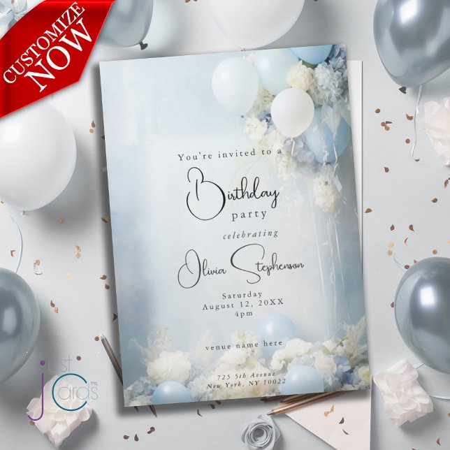 Convite Flores e Balões Azuis Empoeirados QR Aniversário  (Easily customized text )
