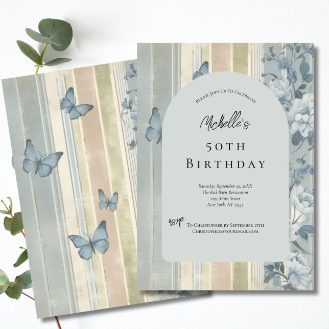 Convite Flores e Borboletas em Aquarela Azul para Aniversá (Blue Floral Butterflies 50th Birthday Invitation Template. Printed or Digital Download Invitation.)