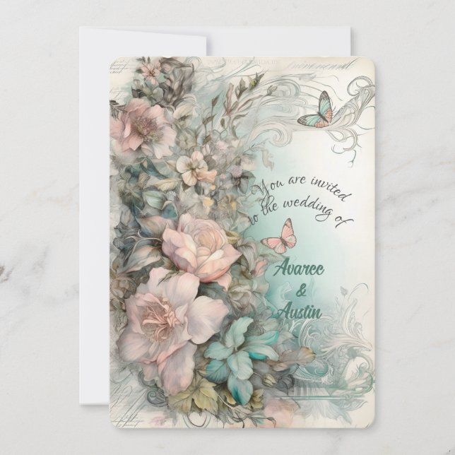 Convite Flores e Borboletas Rosa e Azul Vitorianas (Frente)