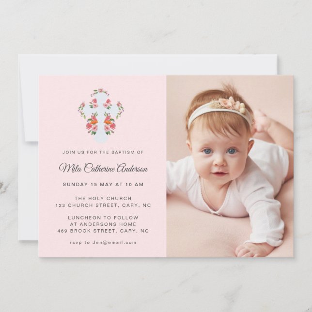 Convite Flores e Cruz no Batismo Fotográfico rosa-claro (Frente)