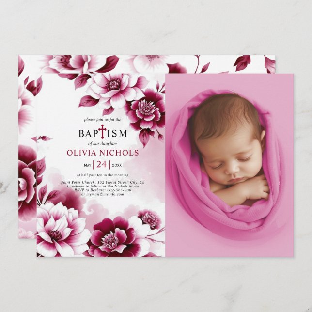 Convite Flores e moça de aquarela Foto de batismo (Frente/Verso)