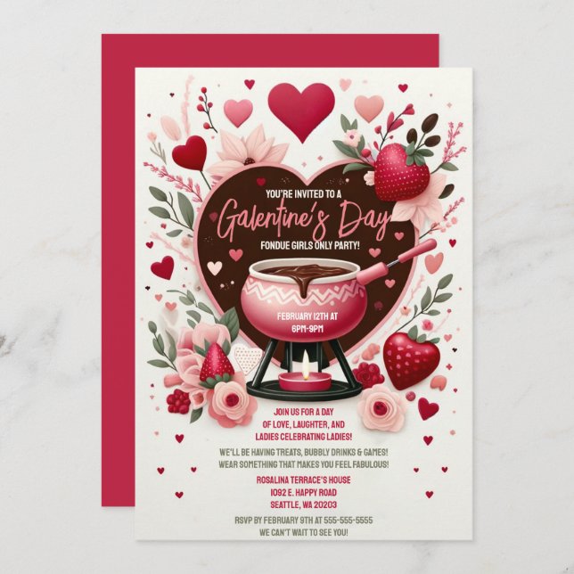 Convite Flores e Morangos Galentino - Partido Fondue (Frente/Verso)