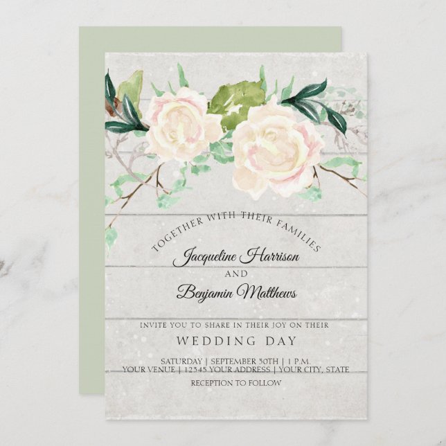 Convite Flores Elegantes Aquarela Rosa Marfim Rústica (Frente/Verso)