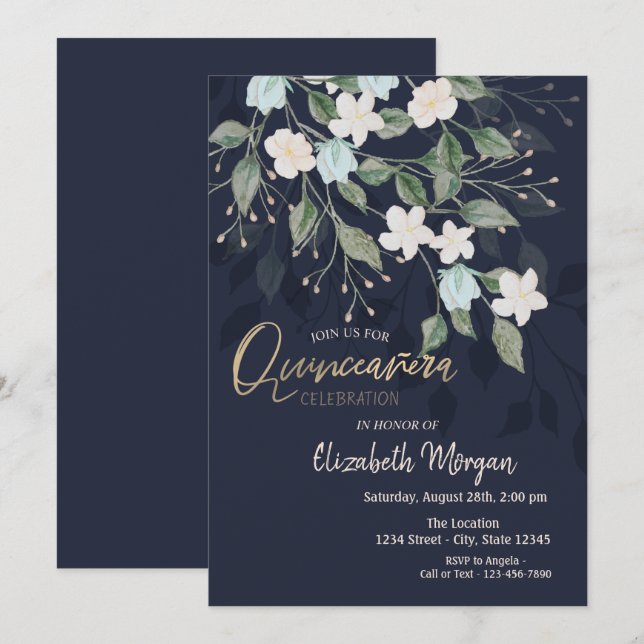 Convite Flores Elegantes Azul Marinho Quinceañera (Frente/Verso)