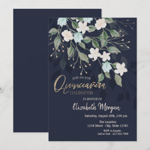 Convite Flores Elegantes Azul Marinho Quinceañera