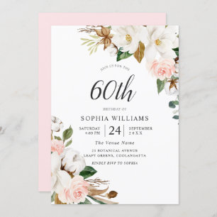 Convite Flores Elegantes Blush e White 60ª Festa de aniver