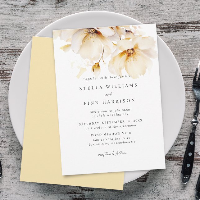 Convite Flores Elegantes Brancas Amarelas Douradas Casamen (Elegant Flowers White Yellow Gold Wedding Invitation)