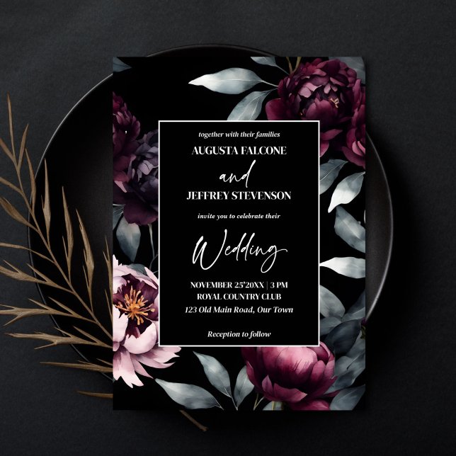 Convite Flores elegantes burgundy escuras e sombrias em tu (Dark moody burgundy flowers elegant all in one editable template wedding invitation digital download)