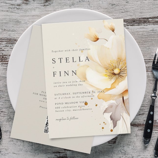 Convite Flores Elegantes Casamento Código QR Branco Amarel (Elegant Flowers White Yellow Gold QR Code Wedding Invitation)