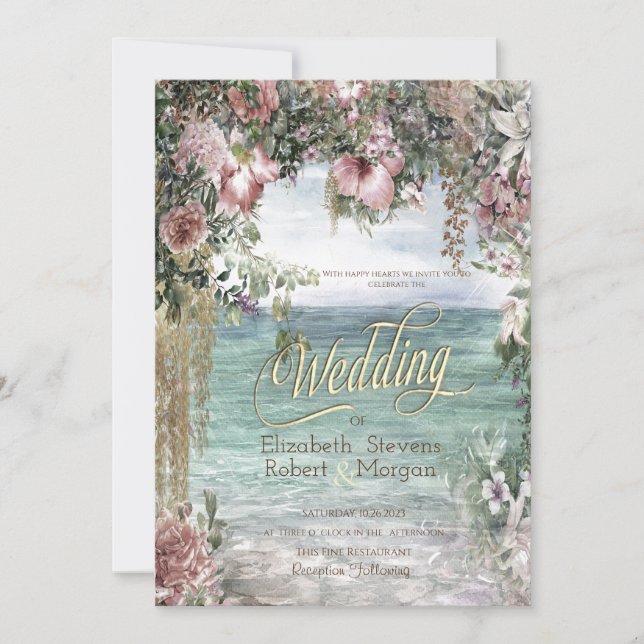 Convite Flores Elegantes Casamento no Oceano (Frente)