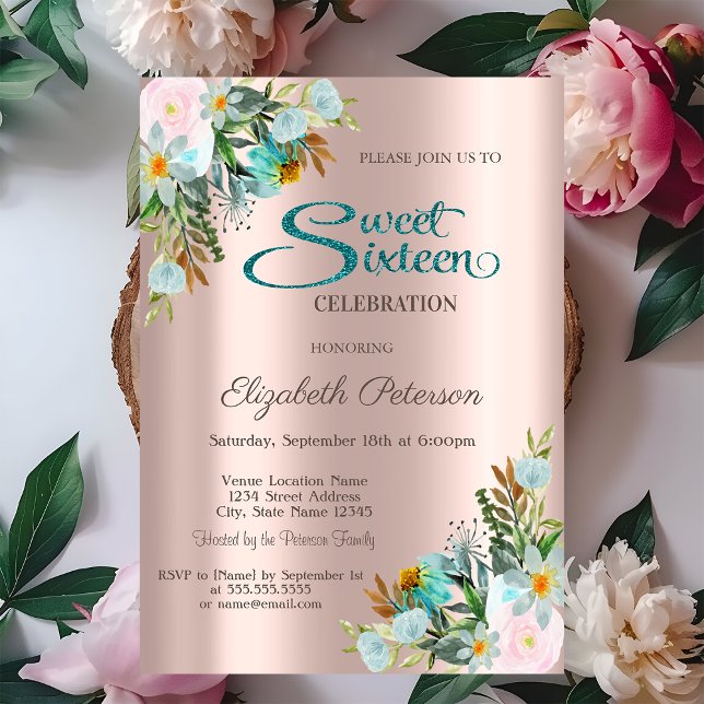 Convite Flores Elegantes Chic Rosa Dourada  Sweet 16   (Criador carregado)